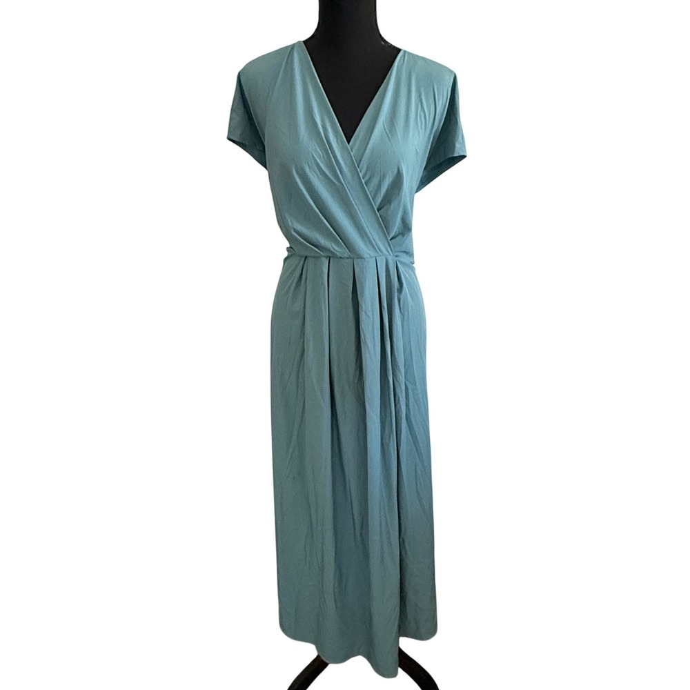 Halara Breezeful V Neck Back Tie Pleated Maxi Dress Teal Blue 1X Cruise Vacation
